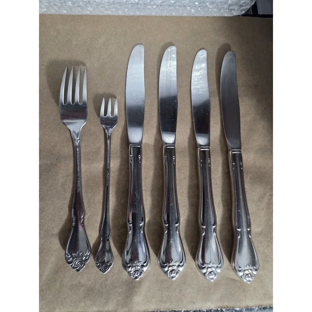 Oneida Rogers Arbor Rose Stainless Flatware 6pc‎ Lot Knives Forks Silverware